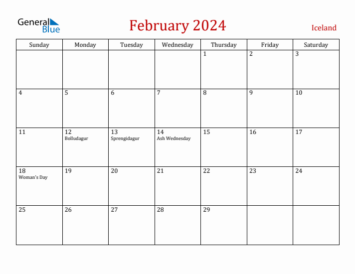 Iceland February 2024 Calendar - Sunday Start