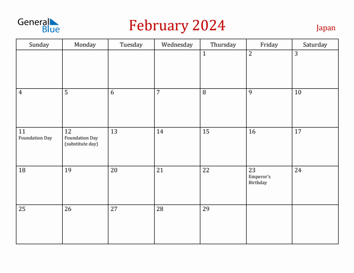 Japan February 2024 Calendar - Sunday Start