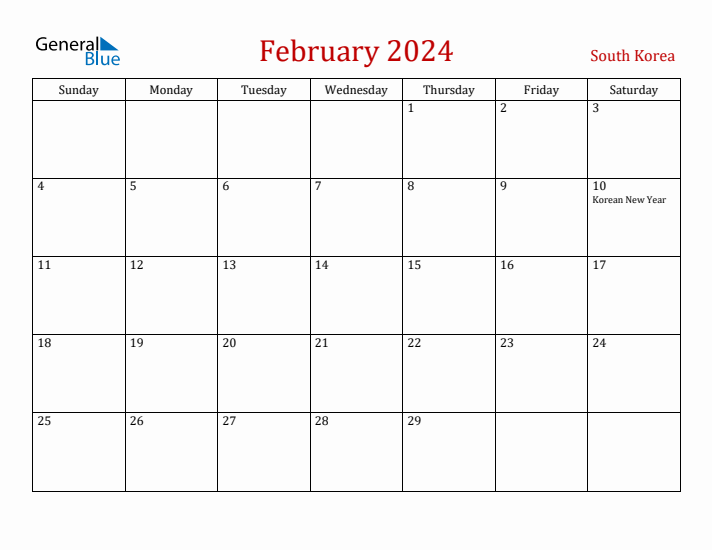 South Korea February 2024 Calendar - Sunday Start