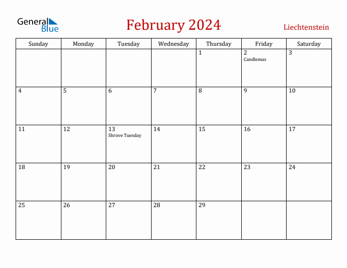 Liechtenstein February 2024 Calendar - Sunday Start