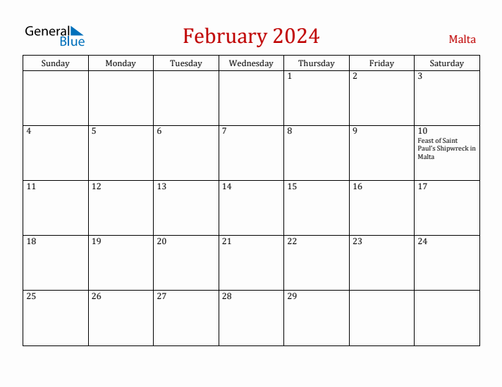 Malta February 2024 Calendar - Sunday Start