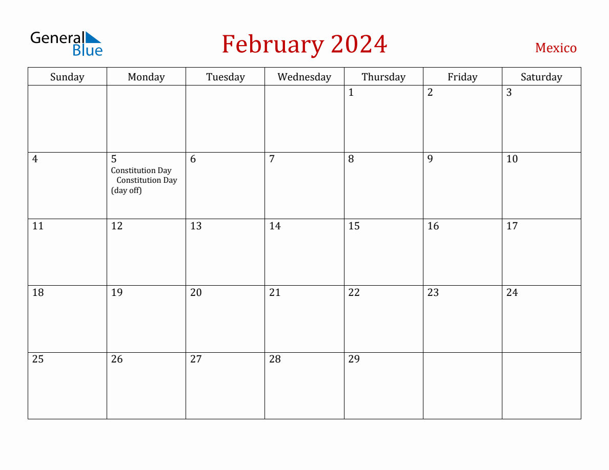 February 2024 Mexico Monthly Calendar with Holidays