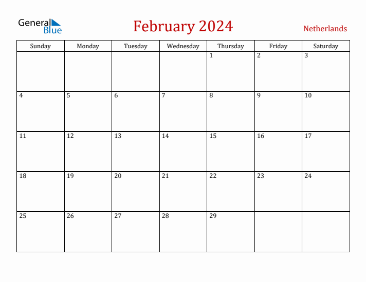 The Netherlands February 2024 Calendar - Sunday Start