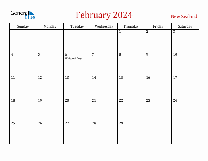 New Zealand February 2024 Calendar - Sunday Start