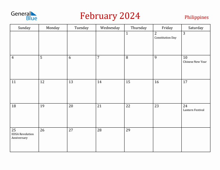 Philippines February 2024 Calendar - Sunday Start