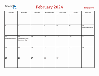 Current month calendar with Singapore holidays for February 2024