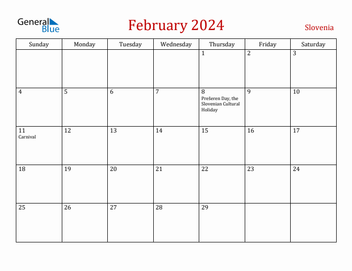 Slovenia February 2024 Calendar - Sunday Start