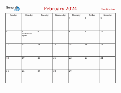 Current month calendar with San Marino holidays for February 2024