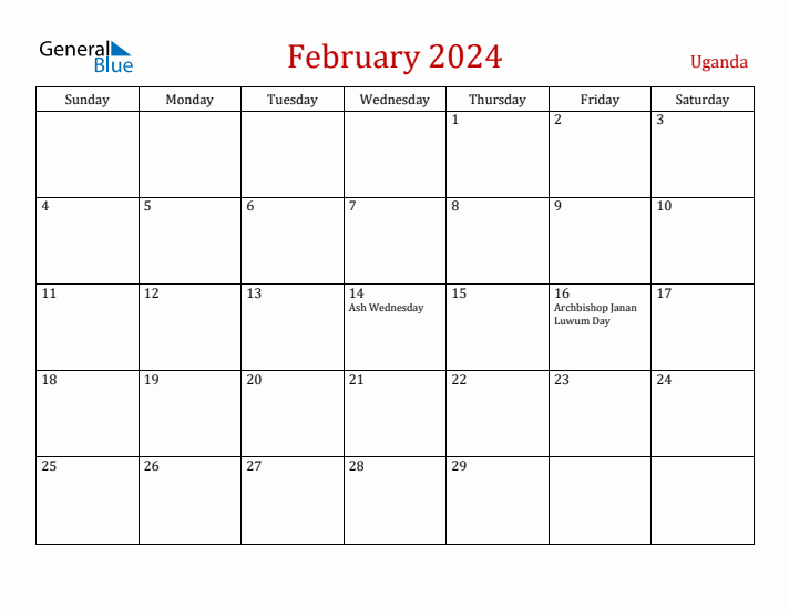 Uganda February 2024 Calendar - Sunday Start