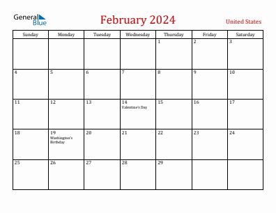 Current month calendar with United States holidays for February 2024
