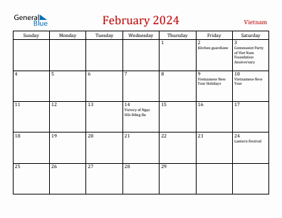 Current month calendar with Vietnam holidays for February 2024