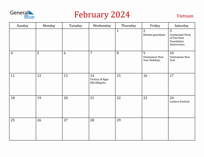 Vietnam February 2024 Calendar - Sunday Start