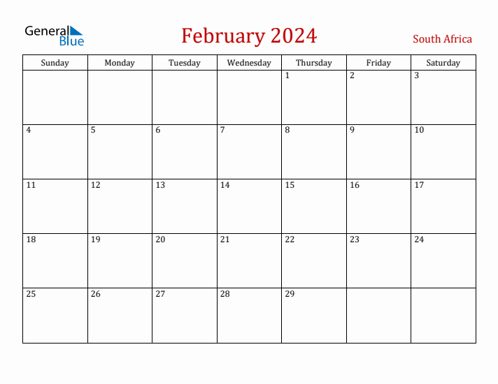 South Africa February 2024 Calendar - Sunday Start