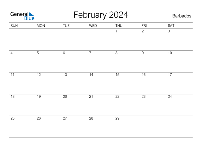 February 2024 Calendar with Barbados Holidays