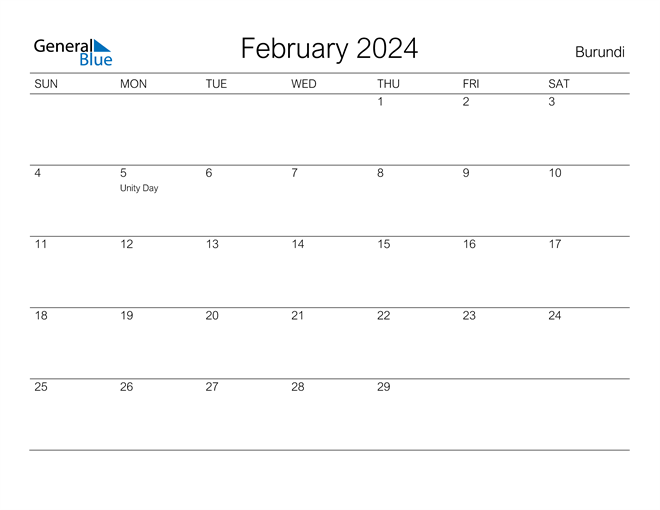Burundi February 2024 Calendar with Holidays
