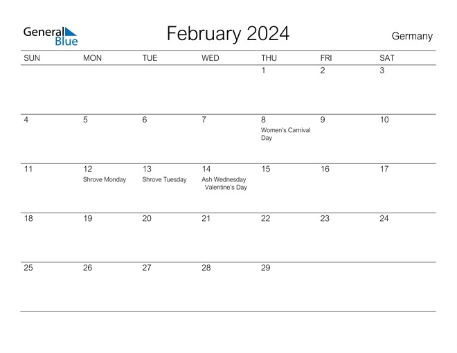 Germany February 2024 Calendar with Holidays