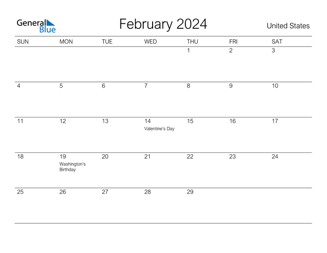 February 2024 Calendar With Holidays Usa Times Of Karil Pearline