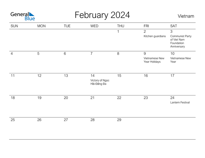 Vietnam February 2024 Calendar with Holidays