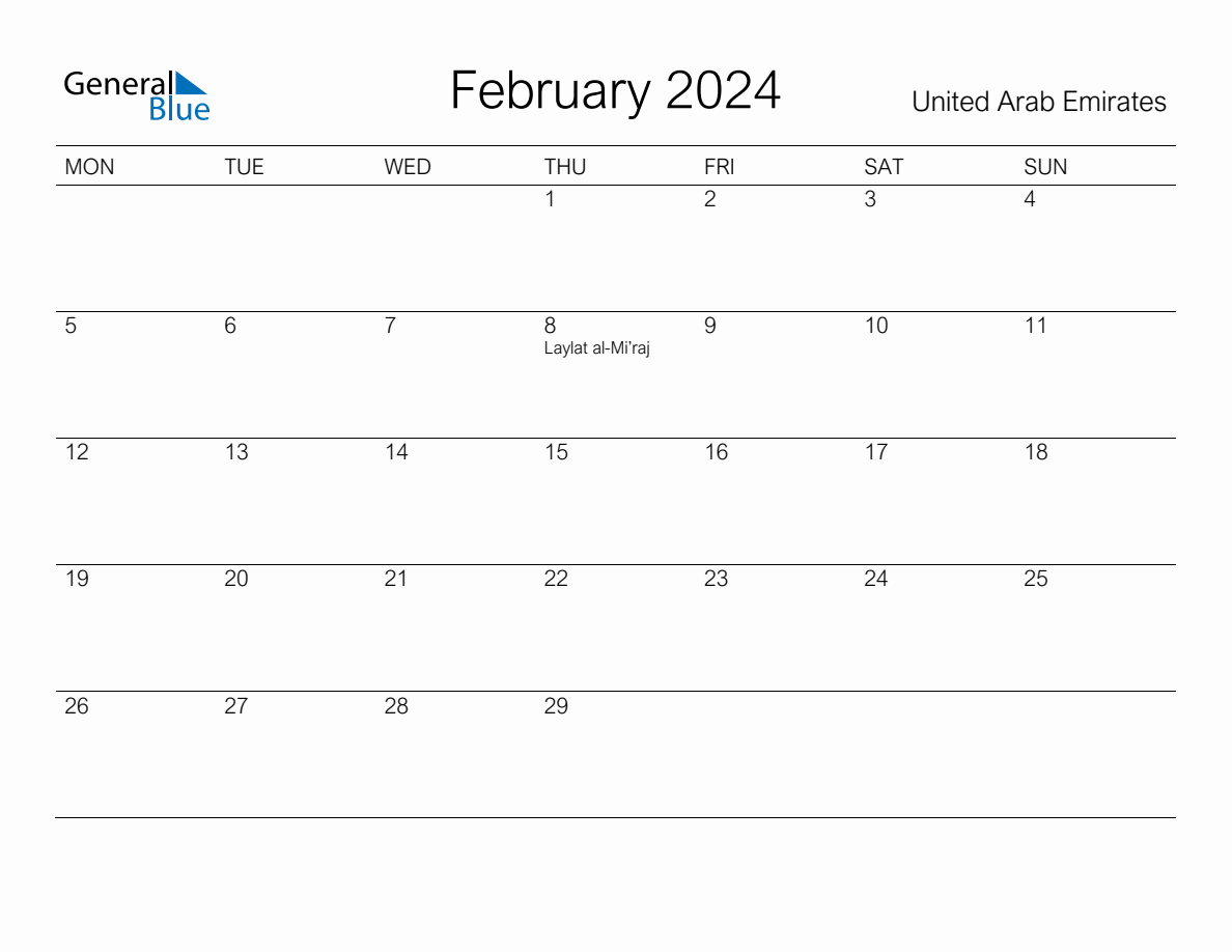 Printable February 2024 Monthly Calendar with Holidays for United Arab