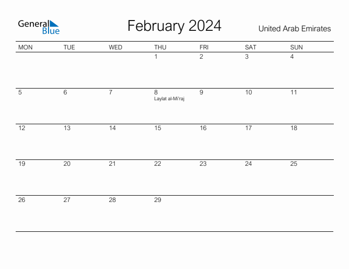 Printable February 2024 Calendar for United Arab Emirates