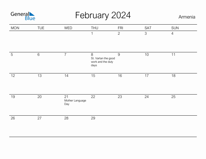 Printable February 2024 Calendar for Armenia