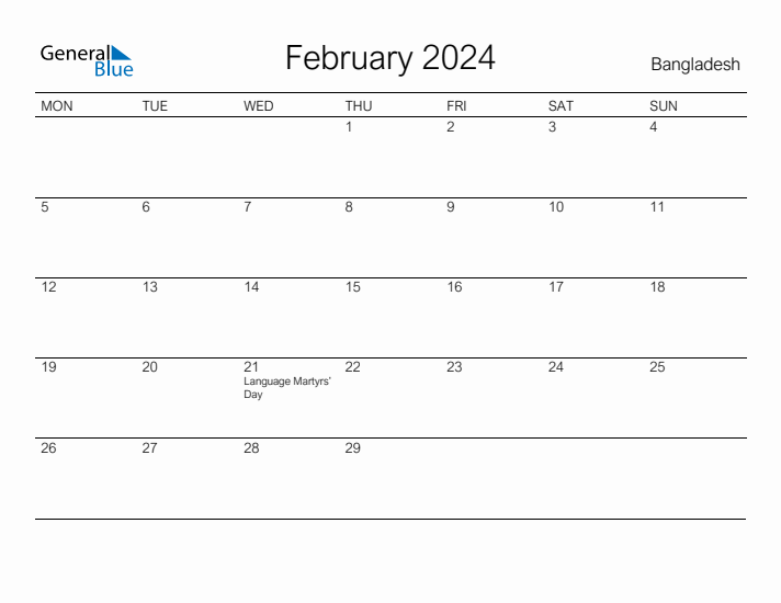 Printable February 2024 Monthly Calendar with Holidays for Bangladesh