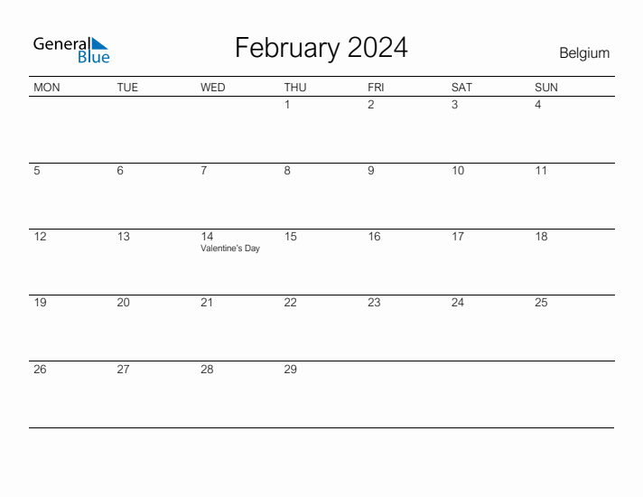 Printable February 2024 Calendar for Belgium