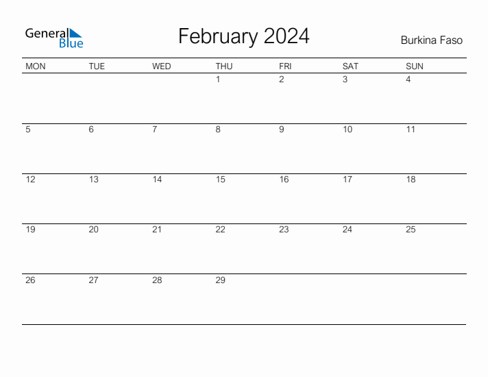 Printable February 2024 Calendar for Burkina Faso