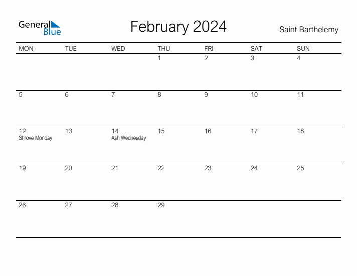Printable February 2024 Calendar for Saint Barthelemy