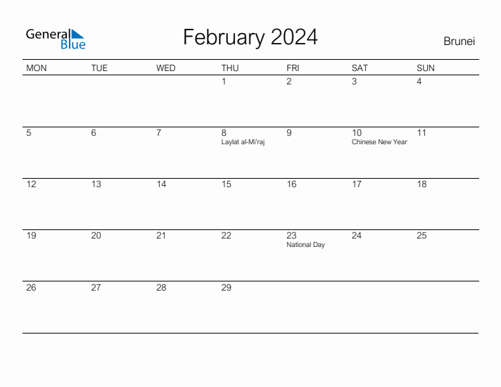 Printable February 2024 Calendar for Brunei