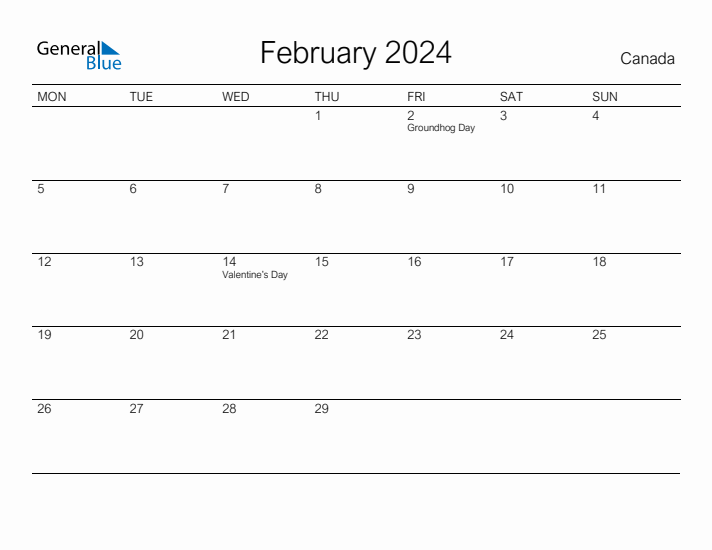 Printable February 2024 Calendar for Canada