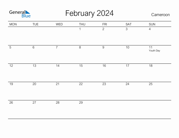 Printable February 2024 Calendar for Cameroon