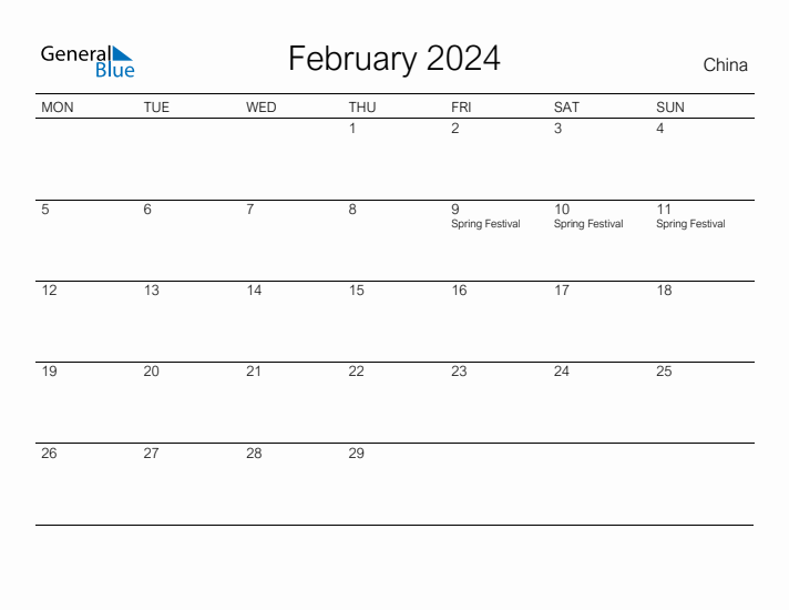 Printable February 2024 Calendar for China