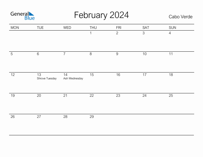 Printable February 2024 Calendar for Cabo Verde