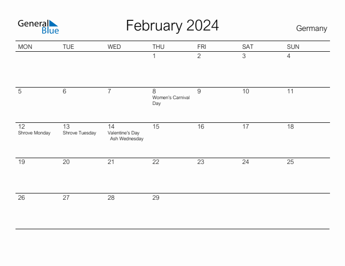Printable February 2024 Calendar for Germany