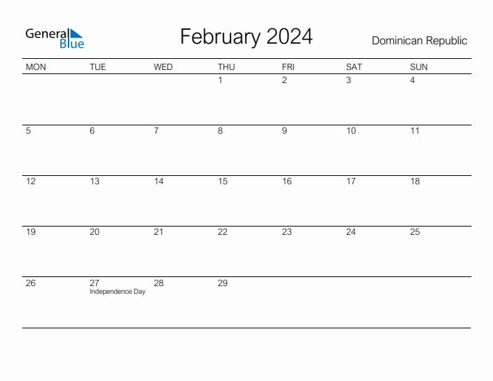 Printable February 2024 Calendar for Dominican Republic