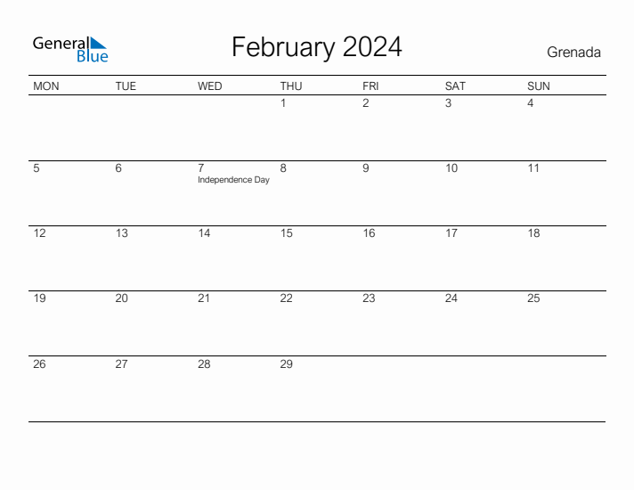 Printable February 2024 Calendar for Grenada