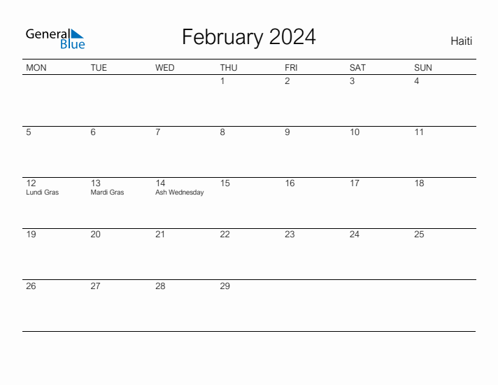 Printable February 2024 Calendar for Haiti
