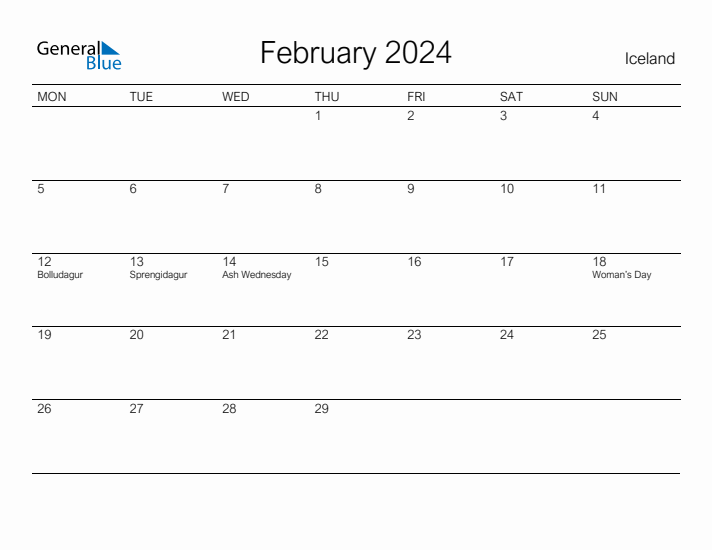 Printable February 2024 Calendar for Iceland