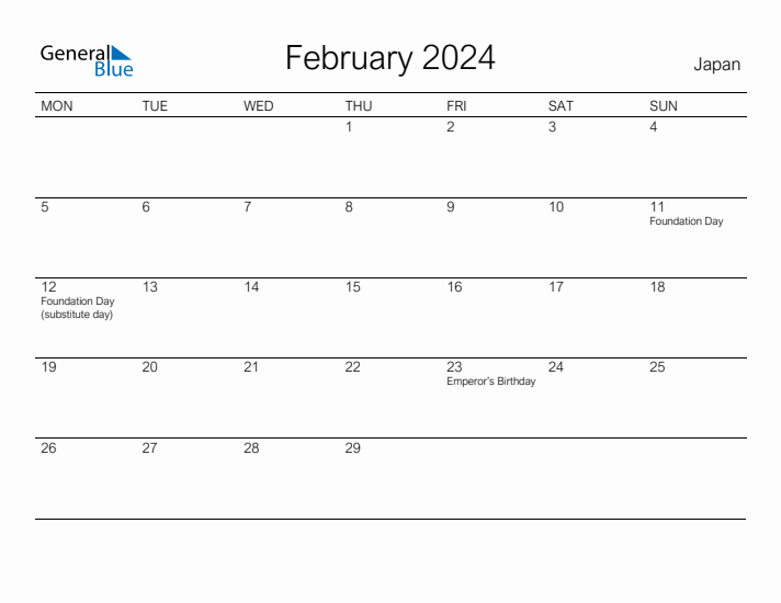 Printable February 2024 Calendar for Japan