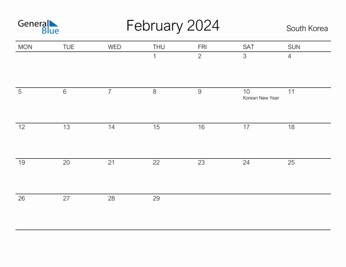 Printable February 2024 Calendar for South Korea
