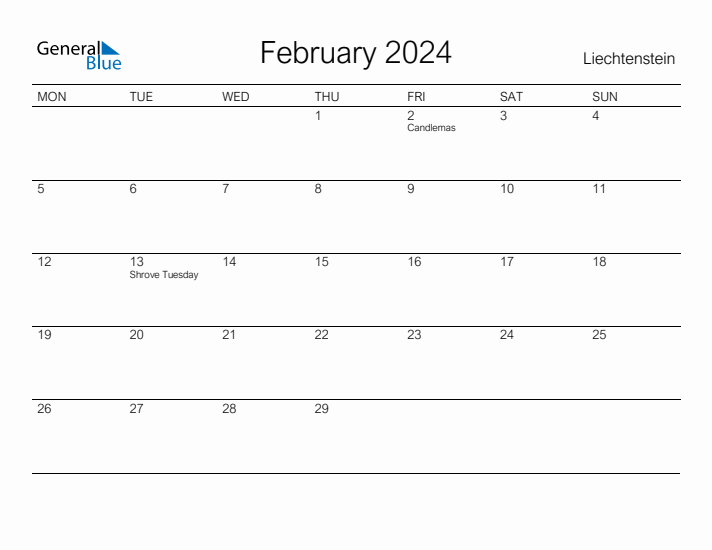 Printable February 2024 Calendar for Liechtenstein