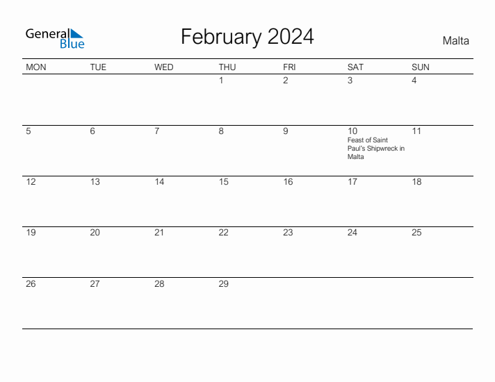 Printable February 2024 Calendar for Malta
