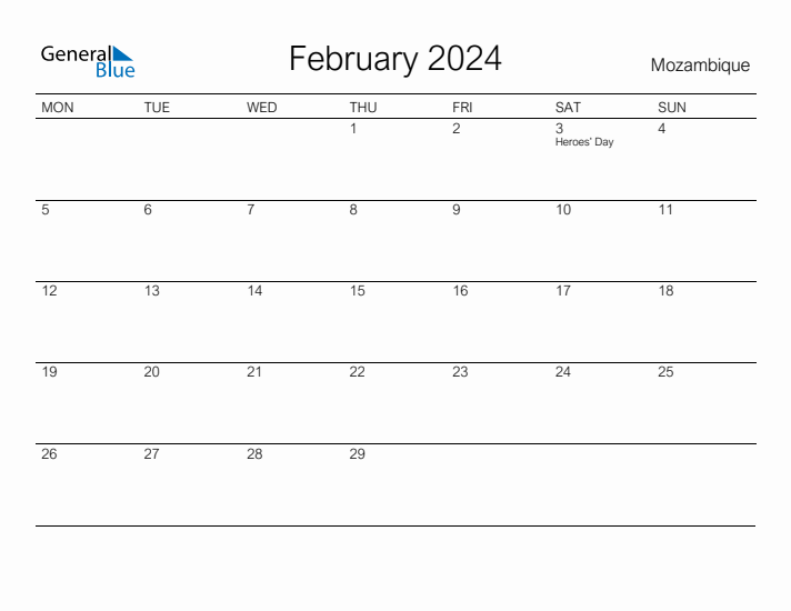 Printable February 2024 Calendar for Mozambique