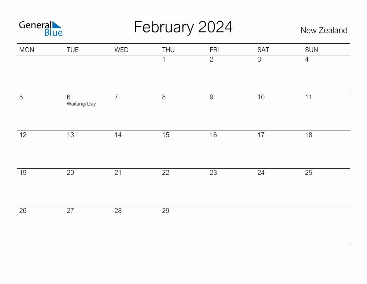 Printable February 2024 Monthly Calendar with Holidays for New Zealand