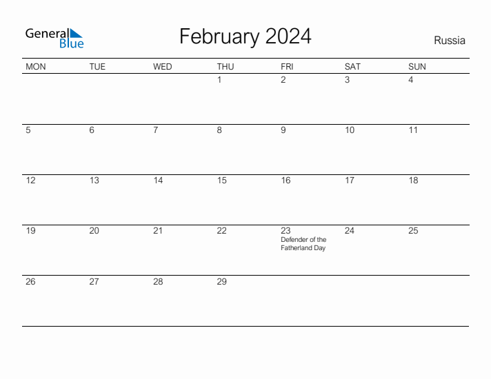 Printable February 2024 Calendar for Russia