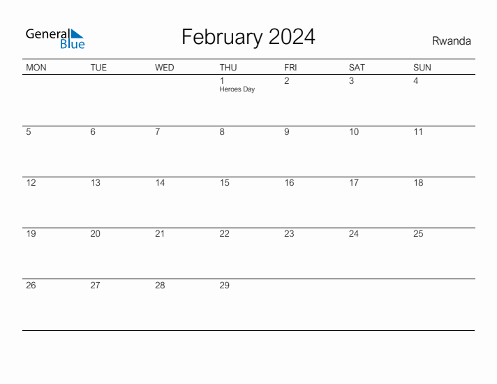 Printable February 2024 Calendar for Rwanda