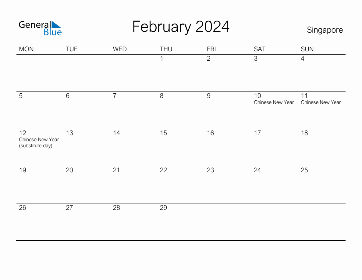 Printable February 2024 Monthly Calendar with Holidays for Singapore