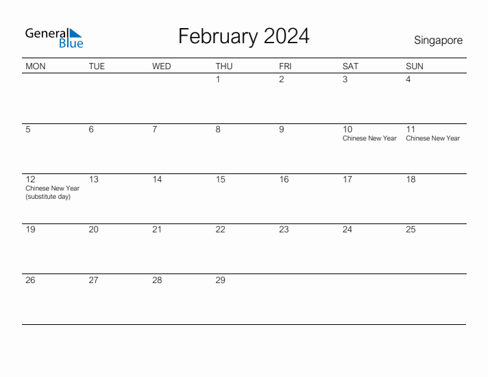 Printable February 2024 Calendar for Singapore