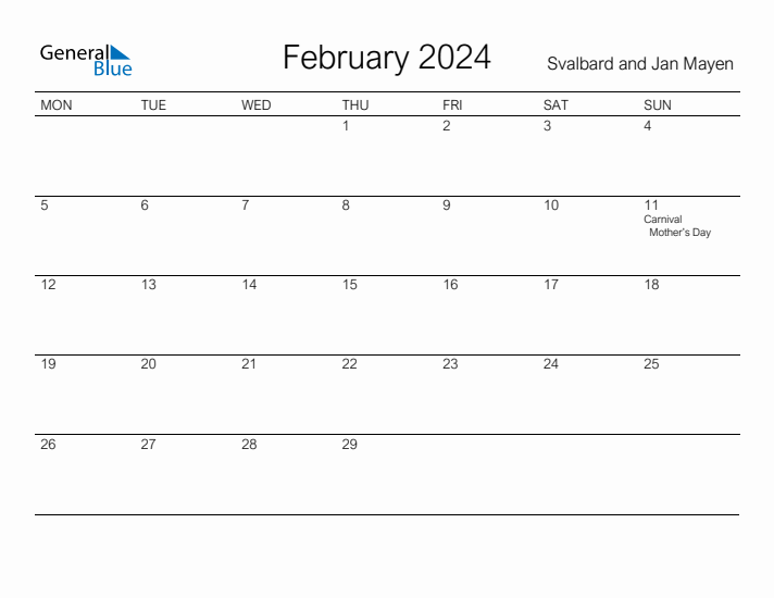 Printable February 2024 Calendar for Svalbard and Jan Mayen